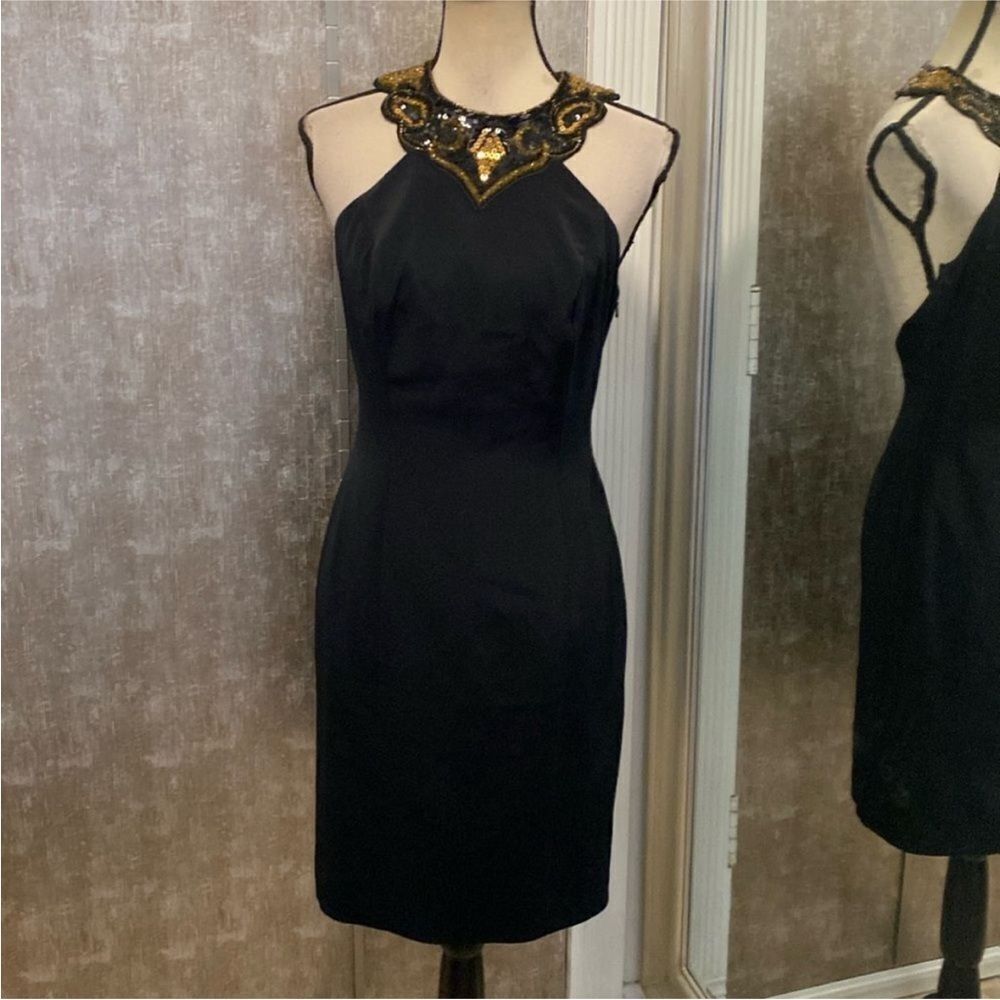 Nite Line Elegant Black Dress with Gold Embellishments, US6